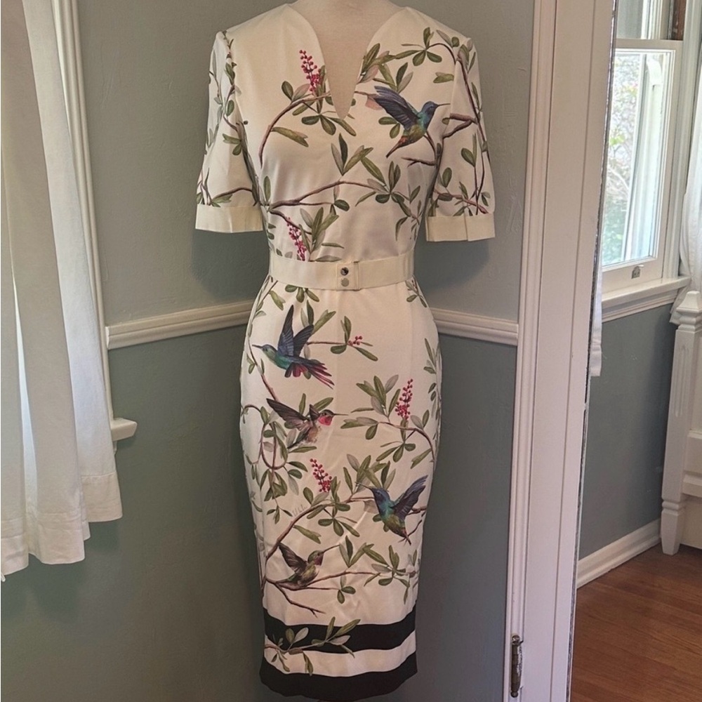 Ted Baker Cream Midi Dress with Bird and Floral Design